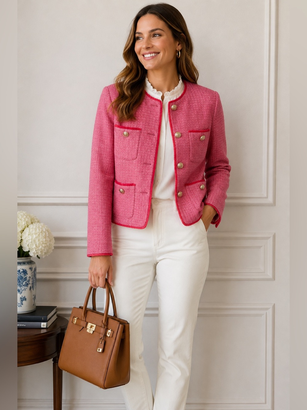 Cicy Bell Pink Tweed Jacket Gold Buttons Preppy Blazer Size Medium